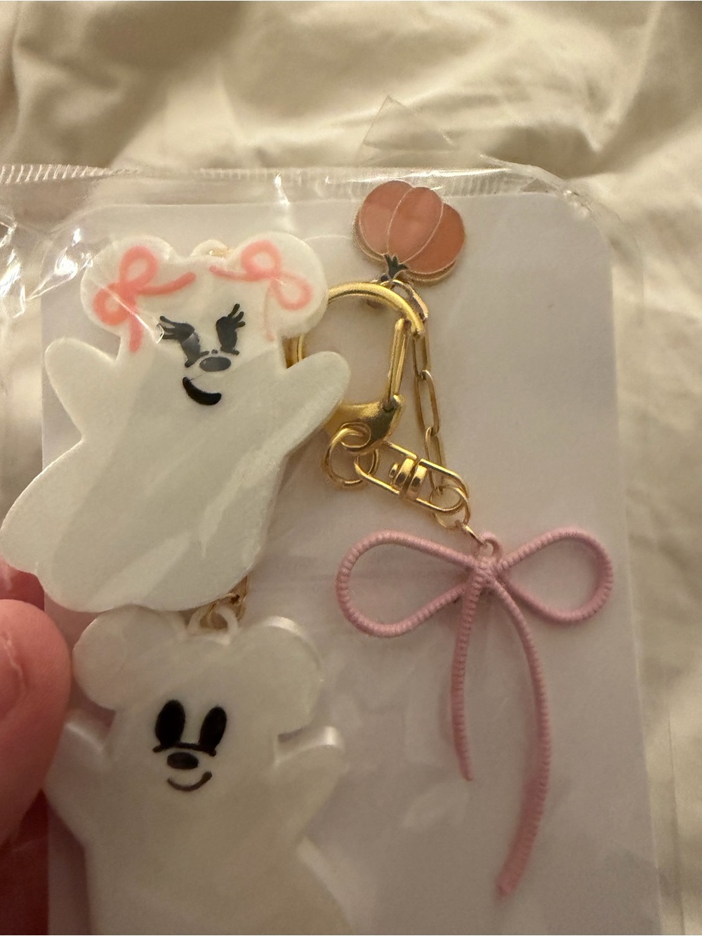 Disney Mickey Ghost Charm Keychain with Pink Bow and Gold Hardware - Picture 3 of 3